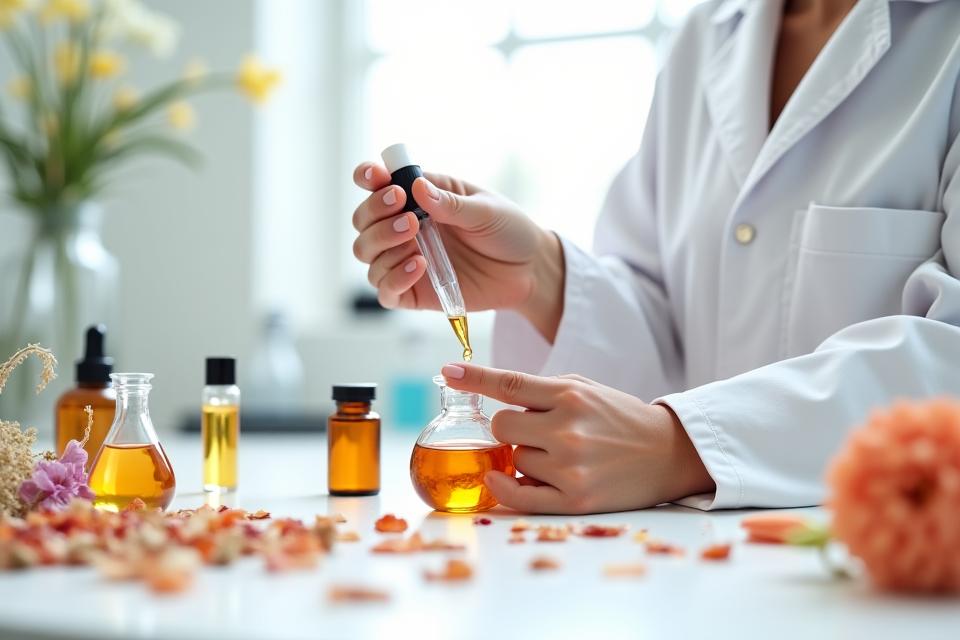Un formulateur concentré dans un laboratoire, entouré d'ingrédients naturels et d'éprouvettes, représentant la recherche et développement dédiée et la création exclusive.