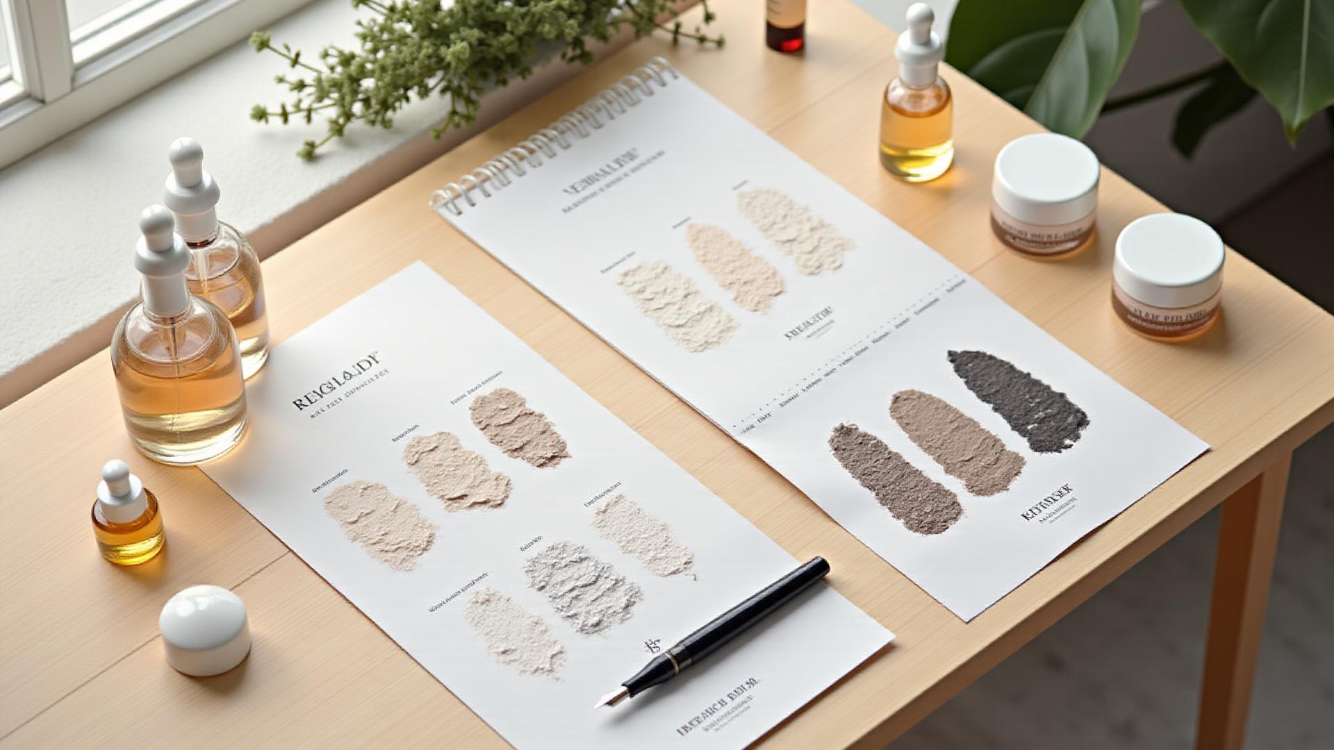 Table de travail élégante avec moodboards, échantillons de produits cosmétiques, croquis de packaging et ingrédients nobles, symbolisant la création et la stratégie de développement de marque.